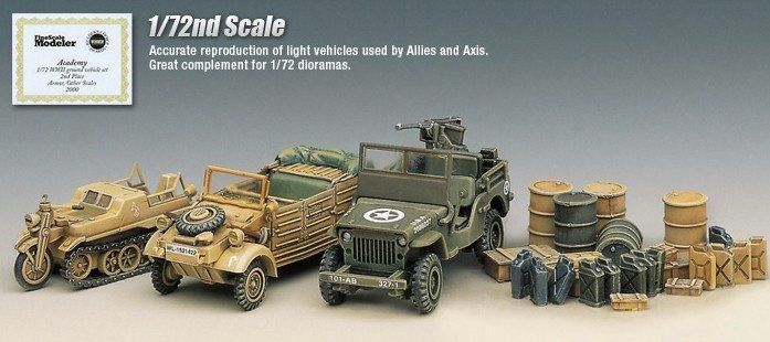 Наземний транспорт, серія 1 "Willys MB Jeep, Kubelwagen Type 82, Sd.Kfz.2 Kettenkrad", 1:72, Academy, 13416 (Збірна модель)