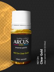 N013 Clear Gold – Прозрачный, оранжевый нитролак с золотым металликом, 10 мл, Arcus