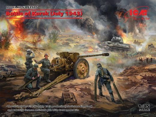 Збірна модель Курська битва (липень 1943 р.) (T-34-76 (early 1943), Pak 36(r) з розрахунком, 4 Фігури), ICM, DS3505